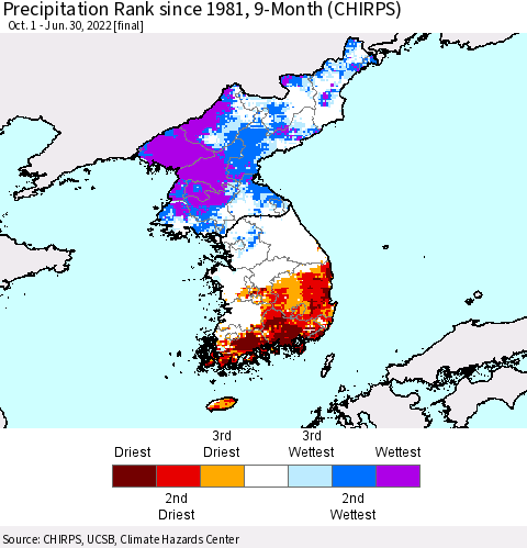Korea Precipitation Rank since 1981, 9-Month (CHIRPS) Thematic Map For 10/1/2021 - 6/30/2022