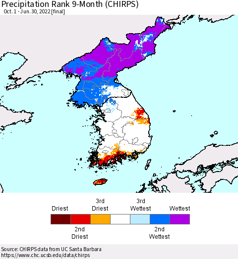 Korea Precipitation Rank since 1981, 9-Month (CHIRPS) Thematic Map For 10/1/2021 - 6/30/2022