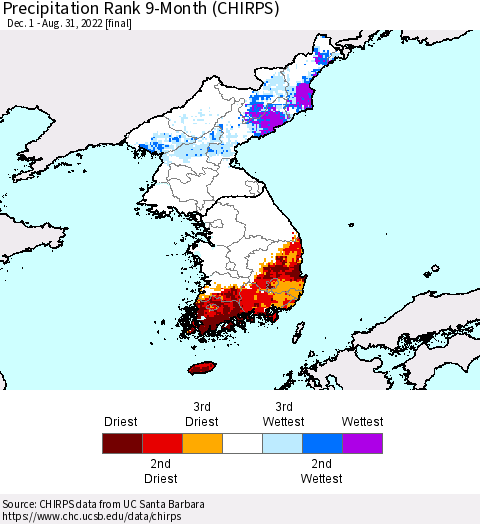 Korea Precipitation Rank since 1981, 9-Month (CHIRPS) Thematic Map For 12/1/2021 - 8/31/2022