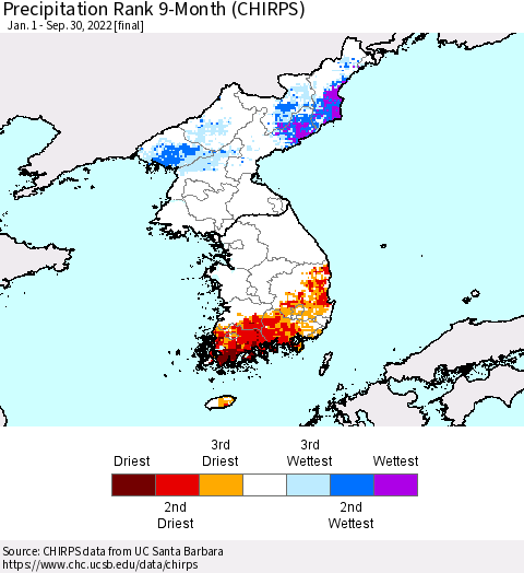Korea Precipitation Rank since 1981, 9-Month (CHIRPS) Thematic Map For 1/1/2022 - 9/30/2022