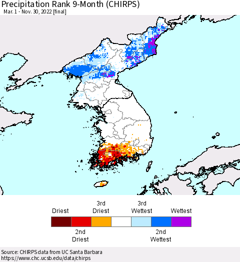 Korea Precipitation Rank since 1981, 9-Month (CHIRPS) Thematic Map For 3/1/2022 - 11/30/2022