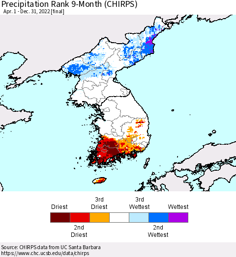 Korea Precipitation Rank since 1981, 9-Month (CHIRPS) Thematic Map For 4/1/2022 - 12/31/2022