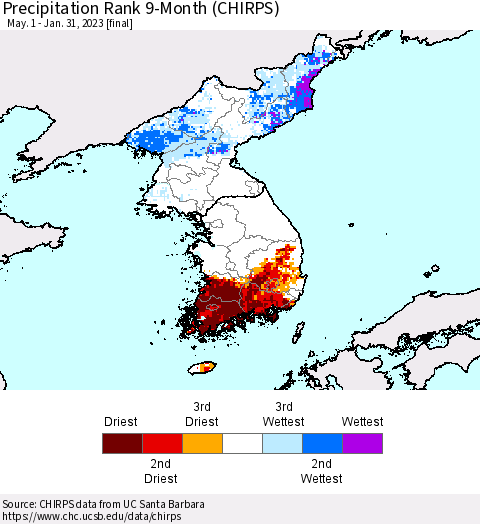 Korea Precipitation Rank since 1981, 9-Month (CHIRPS) Thematic Map For 5/1/2022 - 1/31/2023