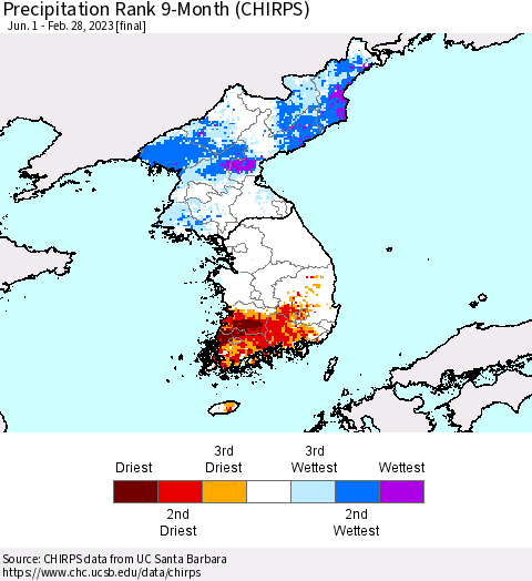 Korea Precipitation Rank since 1981, 9-Month (CHIRPS) Thematic Map For 6/1/2022 - 2/28/2023