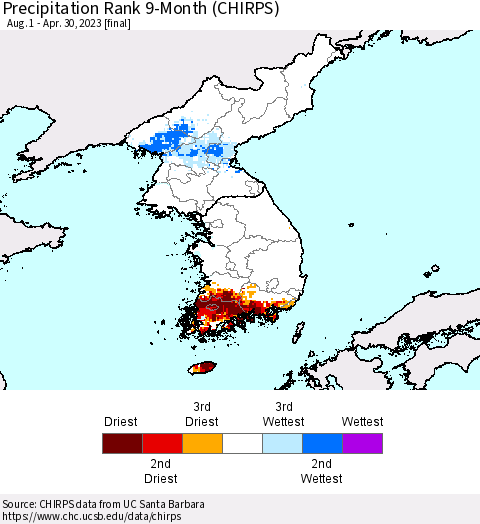 Korea Precipitation Rank since 1981, 9-Month (CHIRPS) Thematic Map For 8/1/2022 - 4/30/2023