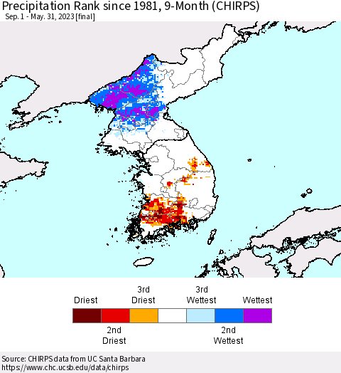 Korea Precipitation Rank since 1981, 9-Month (CHIRPS) Thematic Map For 9/1/2022 - 5/31/2023