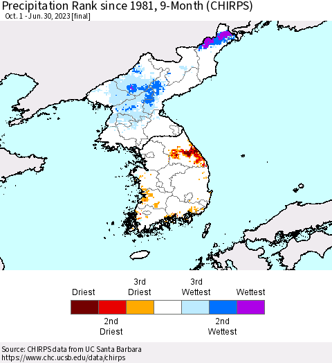 Korea Precipitation Rank since 1981, 9-Month (CHIRPS) Thematic Map For 10/1/2022 - 6/30/2023