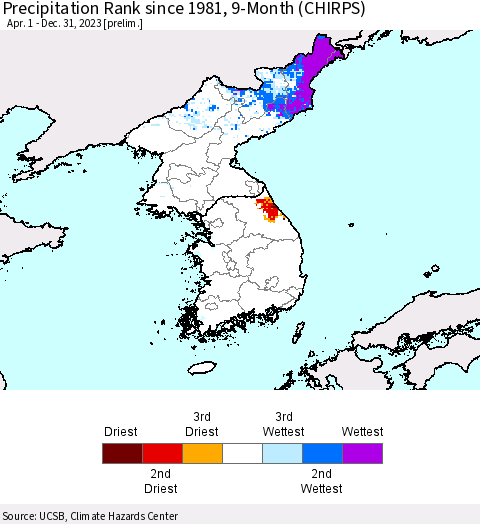 Korea Precipitation Rank since 1981, 9-Month (CHIRPS) Thematic Map For 4/1/2023 - 12/31/2023