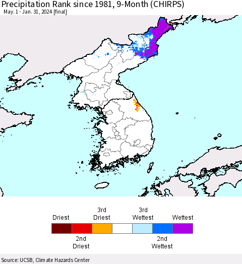Korea Precipitation Rank since 1981, 9-Month (CHIRPS) Thematic Map For 5/1/2023 - 1/31/2024