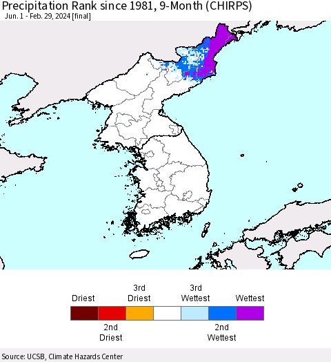 Korea Precipitation Rank since 1981, 9-Month (CHIRPS) Thematic Map For 6/1/2023 - 2/29/2024