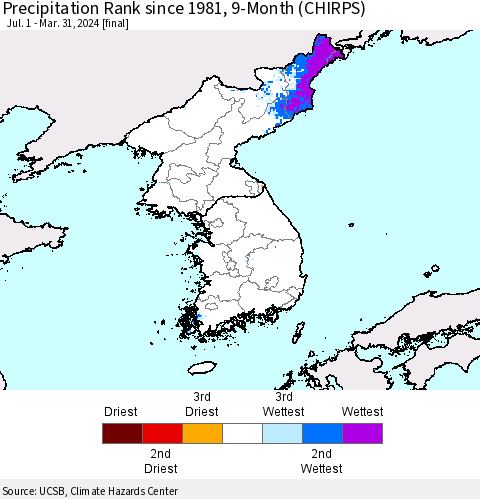 Korea Precipitation Rank since 1981, 9-Month (CHIRPS) Thematic Map For 7/1/2023 - 3/31/2024