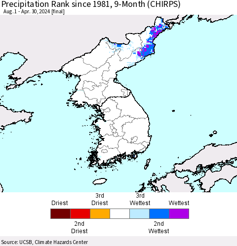 Korea Precipitation Rank since 1981, 9-Month (CHIRPS) Thematic Map For 8/1/2023 - 4/30/2024