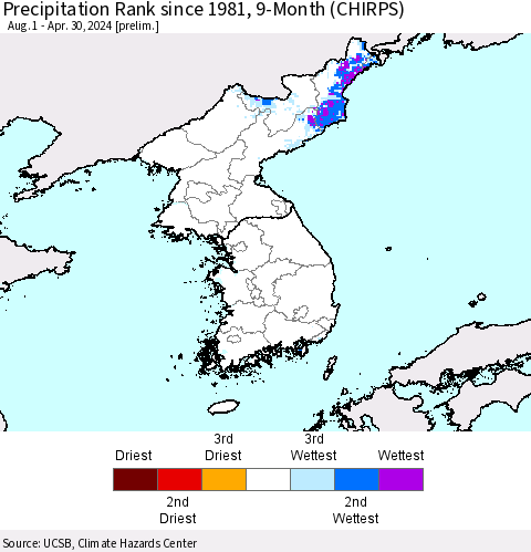 Korea Precipitation Rank since 1981, 9-Month (CHIRPS) Thematic Map For 8/1/2023 - 4/30/2024