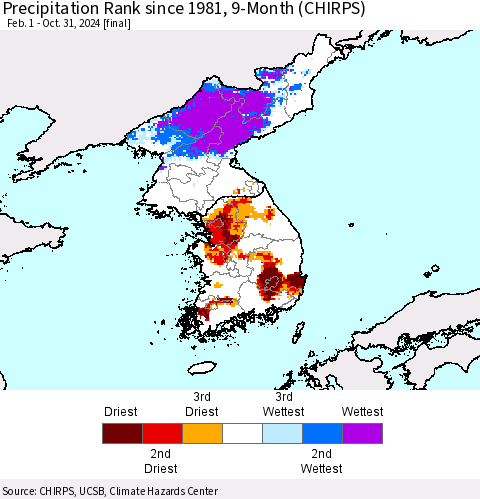 Korea Precipitation Rank since 1981, 9-Month (CHIRPS) Thematic Map For 2/1/2024 - 10/31/2024