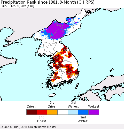 Korea Precipitation Rank since 1981, 9-Month (CHIRPS) Thematic Map For 6/1/2024 - 2/28/2025