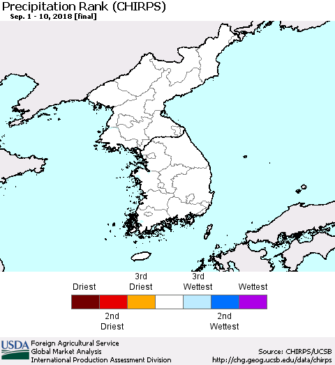 Korea Precipitation Rank since 1981 (CHIRPS) Thematic Map For 9/1/2018 - 9/10/2018