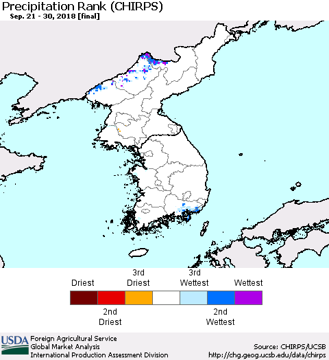 Korea Precipitation Rank since 1981 (CHIRPS) Thematic Map For 9/21/2018 - 9/30/2018