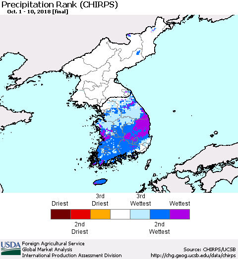 Korea Precipitation Rank since 1981 (CHIRPS) Thematic Map For 10/1/2018 - 10/10/2018