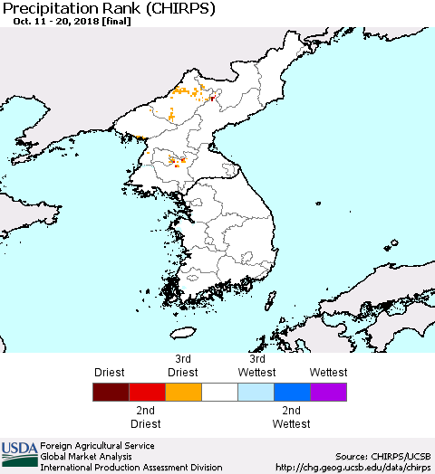 Korea Precipitation Rank since 1981 (CHIRPS) Thematic Map For 10/11/2018 - 10/20/2018