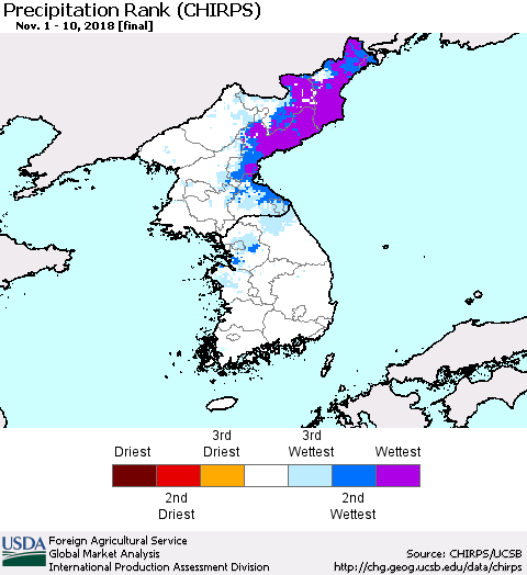 Korea Precipitation Rank since 1981 (CHIRPS) Thematic Map For 11/1/2018 - 11/10/2018