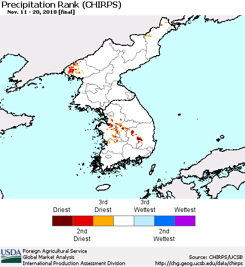 Korea Precipitation Rank since 1981 (CHIRPS) Thematic Map For 11/11/2018 - 11/20/2018