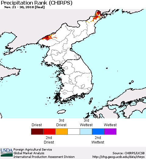 Korea Precipitation Rank since 1981 (CHIRPS) Thematic Map For 11/21/2018 - 11/30/2018