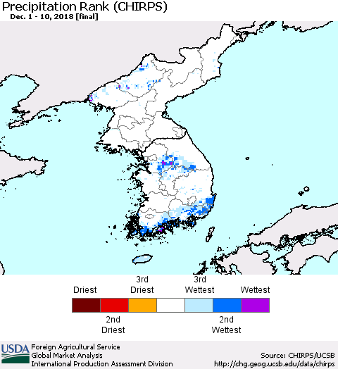 Korea Precipitation Rank since 1981 (CHIRPS) Thematic Map For 12/1/2018 - 12/10/2018