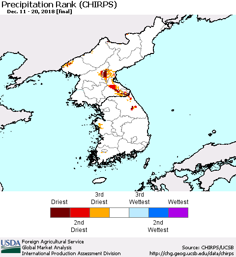 Korea Precipitation Rank since 1981 (CHIRPS) Thematic Map For 12/11/2018 - 12/20/2018