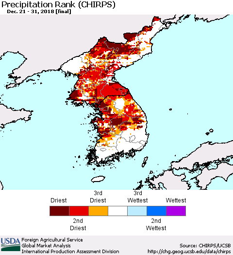 Korea Precipitation Rank since 1981 (CHIRPS) Thematic Map For 12/21/2018 - 12/31/2018
