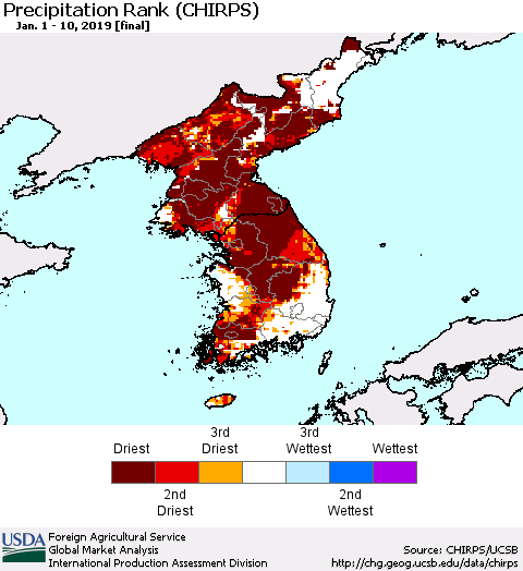 Korea Precipitation Rank since 1981 (CHIRPS) Thematic Map For 1/1/2019 - 1/10/2019