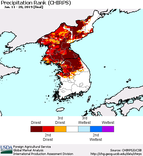 Korea Precipitation Rank since 1981 (CHIRPS) Thematic Map For 1/11/2019 - 1/20/2019