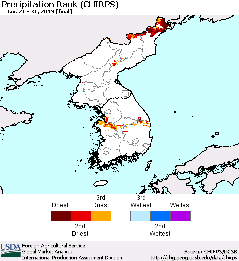 Korea Precipitation Rank since 1981 (CHIRPS) Thematic Map For 1/21/2019 - 1/31/2019