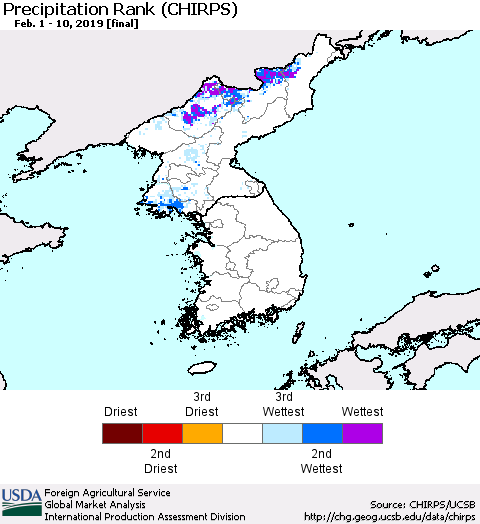 Korea Precipitation Rank since 1981 (CHIRPS) Thematic Map For 2/1/2019 - 2/10/2019
