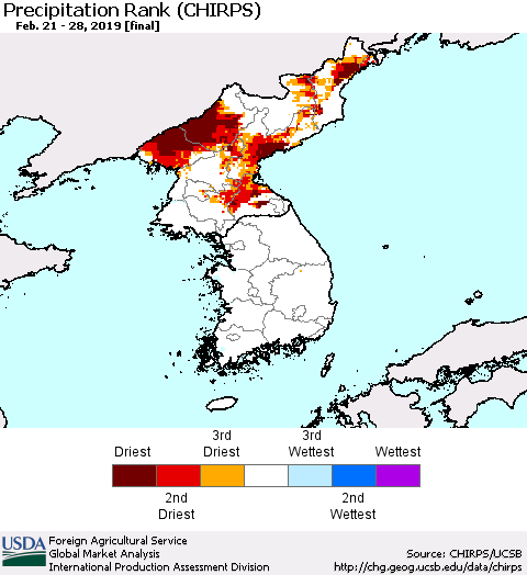 Korea Precipitation Rank since 1981 (CHIRPS) Thematic Map For 2/21/2019 - 2/28/2019
