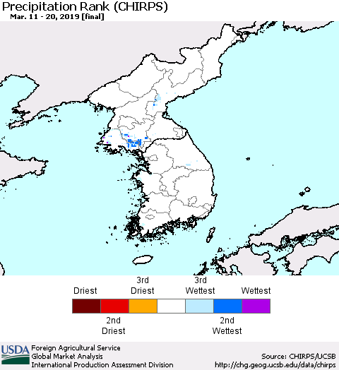 Korea Precipitation Rank since 1981 (CHIRPS) Thematic Map For 3/11/2019 - 3/20/2019