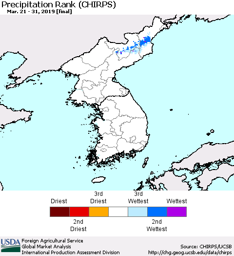 Korea Precipitation Rank since 1981 (CHIRPS) Thematic Map For 3/21/2019 - 3/31/2019