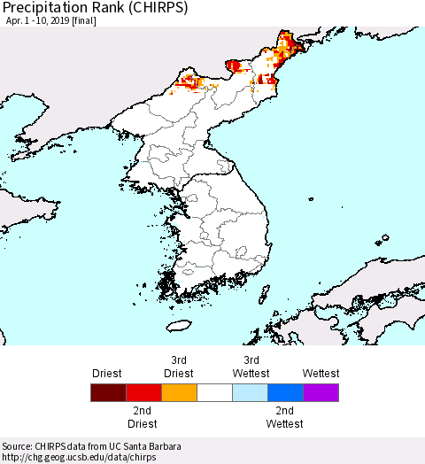 Korea Precipitation Rank (CHIRPS) Thematic Map For 4/1/2019 - 4/10/2019