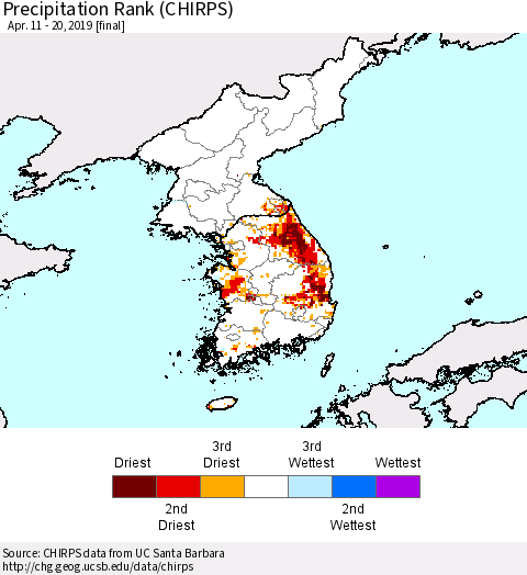 Korea Precipitation Rank (CHIRPS) Thematic Map For 4/11/2019 - 4/20/2019
