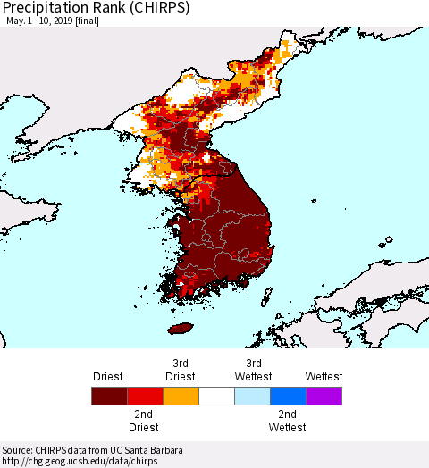 Korea Precipitation Rank (CHIRPS) Thematic Map For 5/1/2019 - 5/10/2019