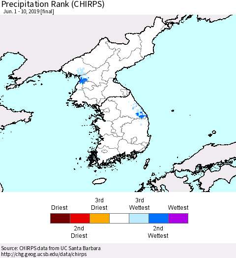 Korea Precipitation Rank (CHIRPS) Thematic Map For 6/1/2019 - 6/10/2019