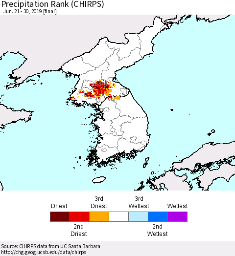 Korea Precipitation Rank (CHIRPS) Thematic Map For 6/21/2019 - 6/30/2019
