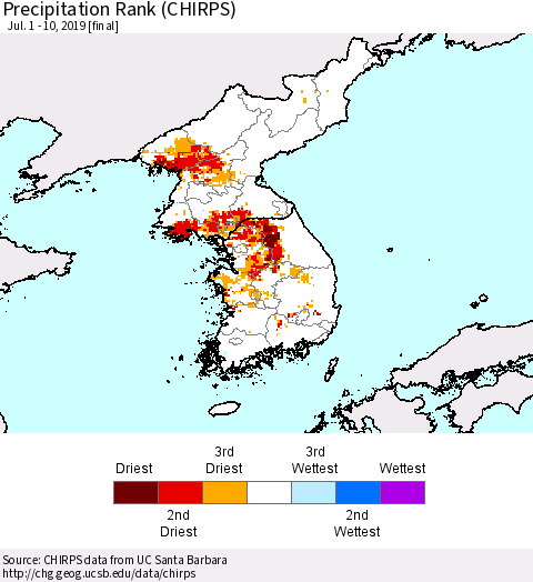 Korea Precipitation Rank since 1981 (CHIRPS) Thematic Map For 7/1/2019 - 7/10/2019