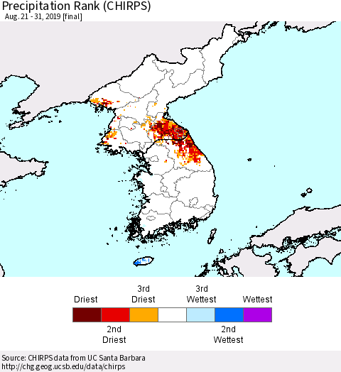 Korea Precipitation Rank since 1981 (CHIRPS) Thematic Map For 8/21/2019 - 8/31/2019