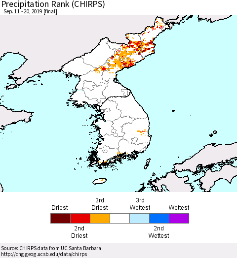 Korea Precipitation Rank (CHIRPS) Thematic Map For 9/11/2019 - 9/20/2019