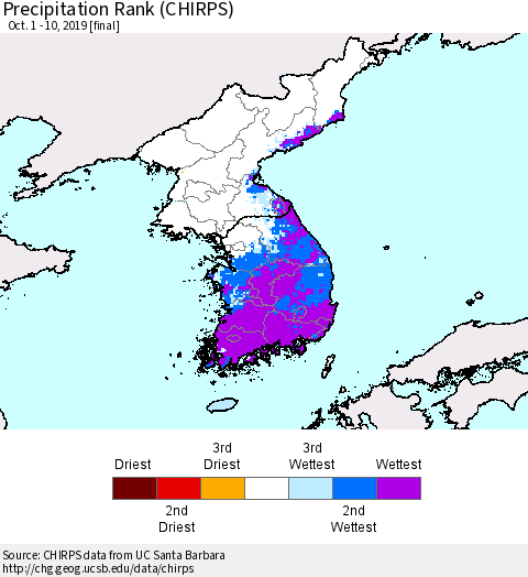 Korea Precipitation Rank (CHIRPS) Thematic Map For 10/1/2019 - 10/10/2019