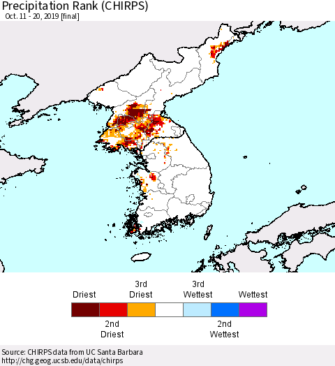Korea Precipitation Rank (CHIRPS) Thematic Map For 10/11/2019 - 10/20/2019