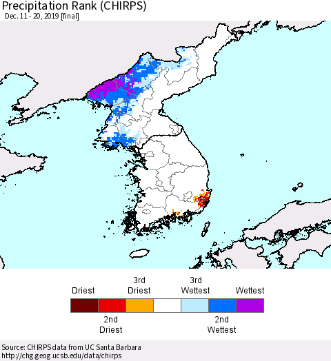 Korea Precipitation Rank (CHIRPS) Thematic Map For 12/11/2019 - 12/20/2019