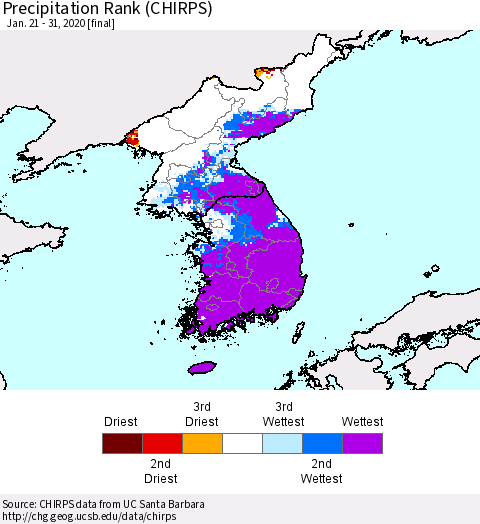 Korea Precipitation Rank since 1981 (CHIRPS) Thematic Map For 1/21/2020 - 1/31/2020