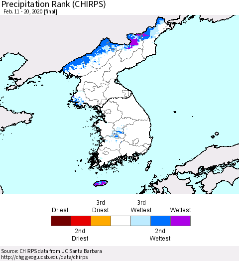 Korea Precipitation Rank (CHIRPS) Thematic Map For 2/11/2020 - 2/20/2020