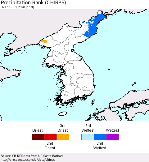 Korea Precipitation Rank since 1981 (CHIRPS) Thematic Map For 3/1/2020 - 3/10/2020